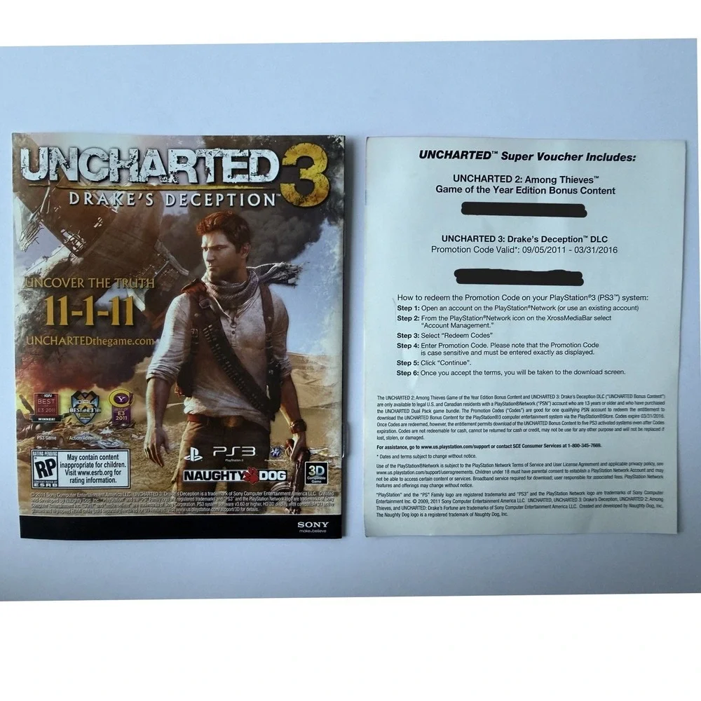 Uncharted Dual Pack 1 & 2 - Sony PlayStation 3 - CIB Slipcover & Both Manuals